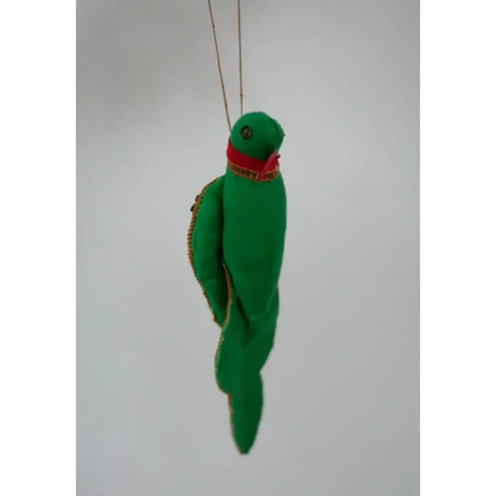 Vintage Handmade India Green Cotton Metal Sparkles Christmas Parrot Ornament